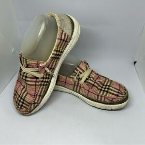 Hey Dude Pink‎ Tan Plaid Slip-On Sneakers Women's US8 Casual Lace Up